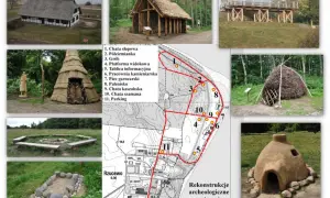 Park kulturowy Osada Łowców Fok w Rzucewie: rekonstrukcje chat, grobu, paleniska, pieca garncarskiego i platformy widokowej.