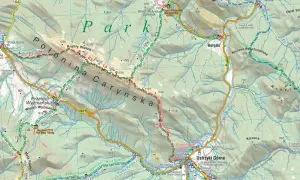 Mapa turystyczna Bieszczadów z zaznaczonymi szlakami, schroniskami i szczytami. Widoczne Połonina Caryńska i Bereżki.