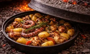 Pachnąca ośmiornica z ziemniakami i rozmarynem, przygotowana w tradycyjnej chorwackiej kuchni pod żelazną pokrywą, nad żarem.