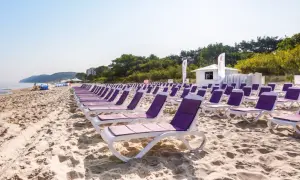 Rzędy leżaków na piaszczystej plaży, idealne na tanie wczasy nad morzem dla 2 osób. W tle morze i zieleń.