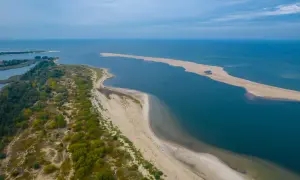 Piękny, piaszczysty brzeg z zielenią i wodą, typowy dla polskiego klimatu.