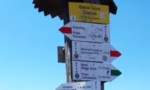 Szlaki na Babiej Górze: drogowskazy wskazują kierunki do Diablaka, Sokolicy, Markowych Szczawin i innych.