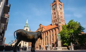 Pomnik osiołka na Rynku Staromiejskim w Toruniu, z widoczną wieżą Ratusza Staromiejskiego i zieloną wieżą kościoła.