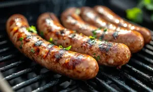Soczysta kiełbasa na grilla, rumiana i pachnąca, z ziołami, pieczona na ruszcie.