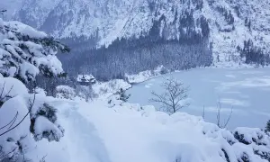 Zimowy krajobraz w Tatrach. Gęsty las i zamarznięte jezioro pokryte śniegiem. W oddali widać schronisko. Zakopane zimą zachwyca.