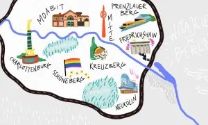 Mapa Berlina z zaznaczonymi dzielnicami: Moabit, Tiergarten, Charlottenburg, Schöneberg, Kreuzberg, Mitte, Prenzlauer Berg, Friedrichshain, Neukölln, Tempelhof i Treptower.