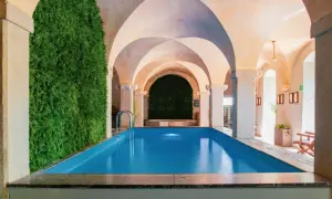 Relaks w hotelu spa na Dolnym Śląsku. Wnętrze z basenem, zieloną ścianą i łukowym sufitem.