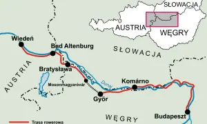 Mapa pokazuje trasę rowerową i kolejową z Wiednia przez Bratysławę i Győr do Budapesztu. Gdzie jest Budapeszt? Na Węgrzech, na wschód od Słowacji.