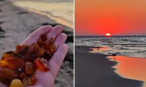 Zachód słońca nad morzem i garść bursztynów. Oto jak rozpoznać bursztyn na plaży – szukaj go po zmroku, gdy fale wyrzucą go na brzeg.