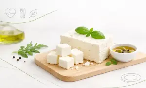 Czy ser feta jest zdrowy? Kostki sera feta, oliwa, oliwki i zioła na desce.