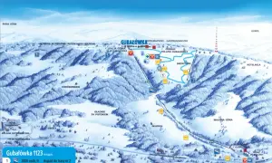 Mapa turystyczna Gubałówki w Zakopanem. Widok na stoki narciarskie, wyciągi, snow park i okoliczne szczyty.