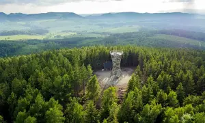 Wieża widokowa w lesie, w pobliżu Jedlina Zdrój, oferuje zapierające dech w piersiach widoki na okoliczne wzgórza i doliny.