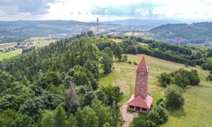 Kamienna wieża widokowa na wzgórzu, otoczona lasem i polami, oferuje wspaniałe widoki na krajobraz Dolnego Śląska.