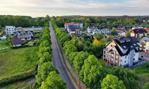 Droga w otoczeniu zieleni prowadzi do centrum Jastrzębiej Góry, gdzie widać domy i apartamentowce.