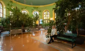 Kobieta odpoczywa w oranżerii, szukając pomysłów na wieczór w Kudowie-Zdroju.