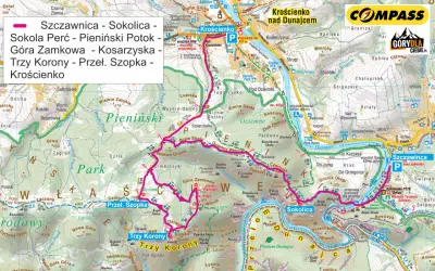 Pienińska trasa: Szczawnica, Sokolica, Sokola Perć, Trzy Korony, Krościenko. Mapa szlaków górskich.