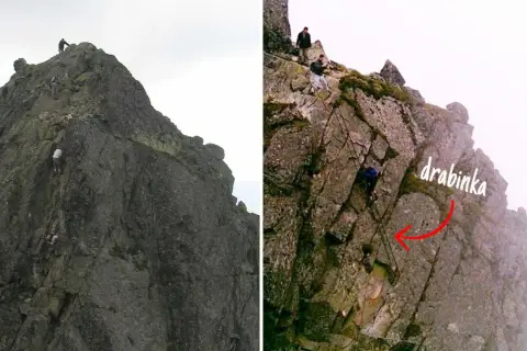 Turyści wspinają się po Orlej Perci. Trasa jest niebezpieczna, a pytanie "orla perć ile osób zginęło" często pojawia się w kontekście jej trudności.