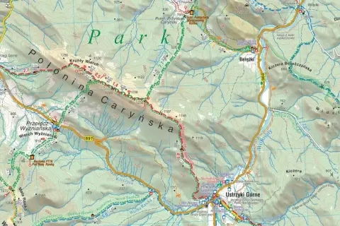 Mapa turystyczna Bieszczadów z zaznaczonymi szlakami, schroniskami i szczytami. Widoczne Połonina Caryńska i Bereżki.