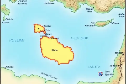 Mapa pokazuje, gdzie jest Malta, między POEEIM/ a SAUTTA, blisko wybrzeży Afryki i Europy.