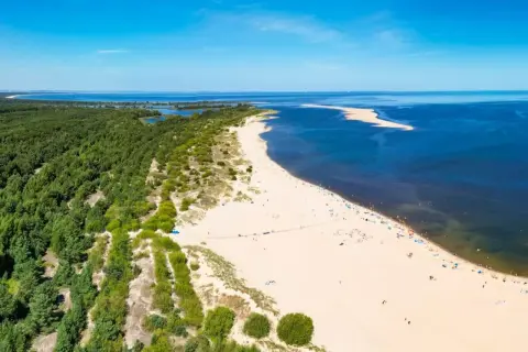Plaża i las sosnowy nad Zatoką Pucką. Piękne, piaszczyste **wyspy w Polsce** zachęcają do wypoczynku.
