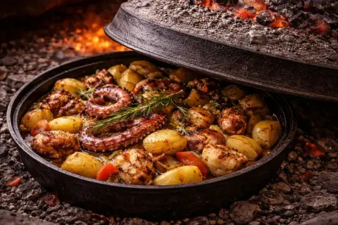 Pachnąca ośmiornica z ziemniakami i rozmarynem, przygotowana w tradycyjnej chorwackiej kuchni pod żelazną pokrywą, nad żarem.