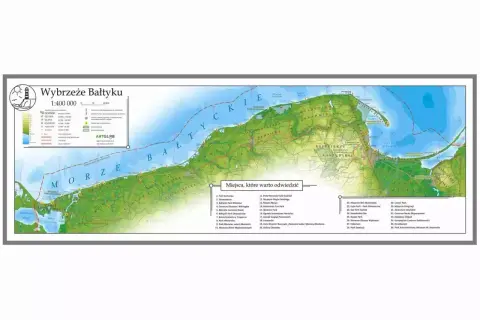 Mapa przedstawia polskie wybrzeże Bałtyku z zaznaczonymi atrakcjami turystycznymi.