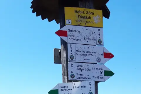Szlaki na Babiej Górze: drogowskazy wskazują kierunki do Diablaka, Sokolicy, Markowych Szczawin i innych.