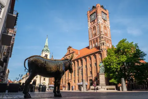 Pomnik osiołka na Rynku Staromiejskim w Toruniu, z widoczną wieżą Ratusza Staromiejskiego i zieloną wieżą kościoła.