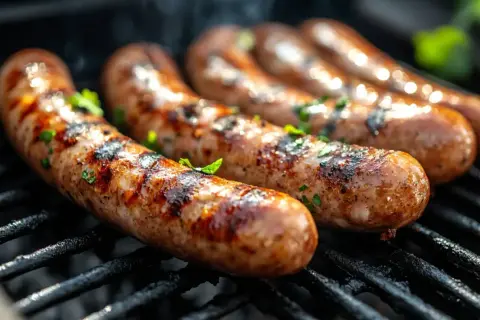Soczysta kiełbasa na grilla, rumiana i pachnąca, z ziołami, pieczona na ruszcie.