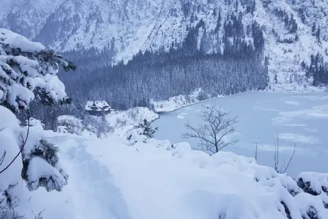 Zimowy krajobraz w Tatrach. Gęsty las i zamarznięte jezioro pokryte śniegiem. W oddali widać schronisko. Zakopane zimą zachwyca.
