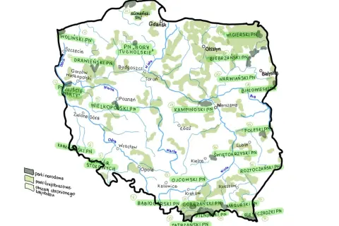 Mapa Polski z zaznaczonymi parkami narodowymi i krajobrazowymi. Odkryj piękno polskiej przyrody!