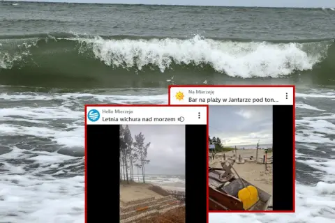 Fale rozbijają się o brzeg. Na ekranie widać fragmenty postów z Mierzei: letnia wichura i bar na plaży w Jantarze.