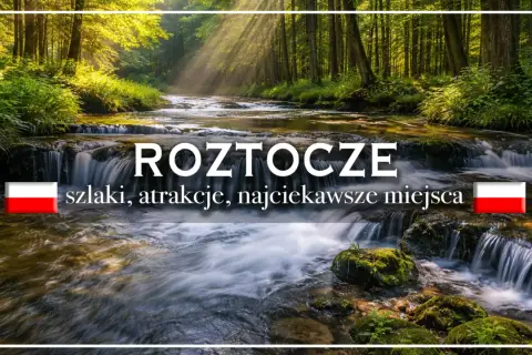 Roztocze lubelskie: malowniczy potok wśród drzew, wodospady i polska flaga. Odkryj szlaki i najciekawsze miejsca.