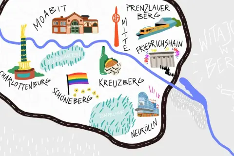 Mapa Berlina z zaznaczonymi dzielnicami: Moabit, Tiergarten, Charlottenburg, Schöneberg, Kreuzberg, Mitte, Prenzlauer Berg, Friedrichshain, Neukölln, Tempelhof i Treptower.