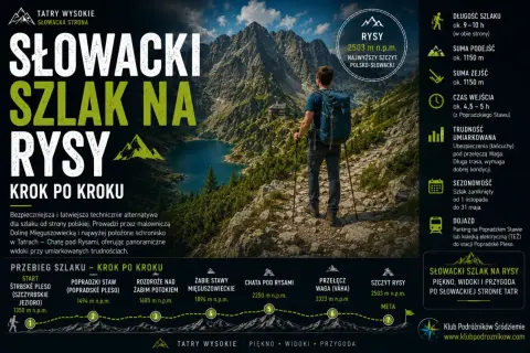 Turysta z plecakiem i kijkami idzie kamienistym szlakiem w Tatrach. W tle jezioro i góry. Opis szlaku na Rysy, z informacją o łańcuchach.