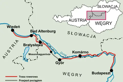 Mapa pokazuje trasę rowerową i kolejową z Wiednia przez Bratysławę i Győr do Budapesztu. Gdzie jest Budapeszt? Na Węgrzech, na wschód od Słowacji.