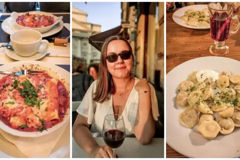 Uśmiechnięta kobieta z kieliszkiem wina, obok dania: pierogi, zapiekanka i napój. Pyszne jedzenie Warszawa!