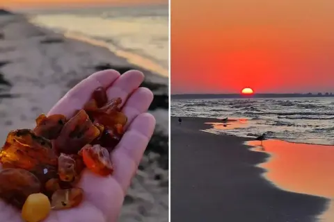 Zachód słońca nad morzem i garść bursztynów. Oto jak rozpoznać bursztyn na plaży – szukaj go po zmroku, gdy fale wyrzucą go na brzeg.