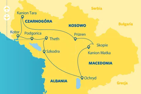 Mapa turystyczna **Ponidzie** z zaznaczonymi trasami przez Czarnogórę, Kosowo, Macedonię i Albanię.
