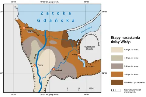 Mapa przedstawia etapy narastania delty Wisły, ukazując rozwój Żuław Wiślanych na przestrzeni tysięcy lat.