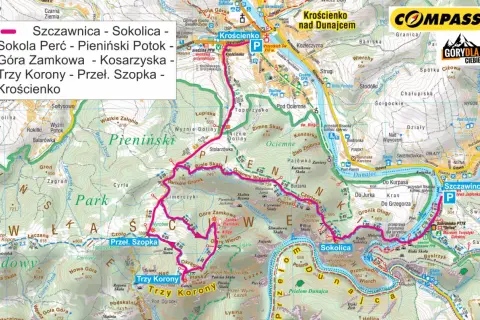 Pienińska trasa: Szczawnica, Sokolica, Sokola Perć, Trzy Korony, Krościenko. Mapa szlaków górskich.
