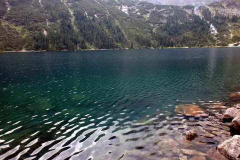 Górskie jezioro Morskie Oko, otoczone lasem i skalistymi zboczami, lśni w słońcu. Na jakiej wysokości jest Morskie Oko? Około 1395 m n.p.m.