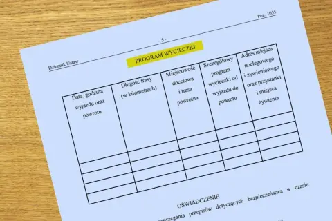 Formularz "PROGRAM WYCIECZKI" do zaplanowania 7 dniowej wycieczki po Polsce, zawiera pola na datę, trasę, noclegi i wyżywienie.