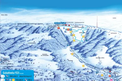 Mapa turystyczna Gubałówki w Zakopanem. Widok na stoki narciarskie, wyciągi, snow park i okoliczne szczyty.