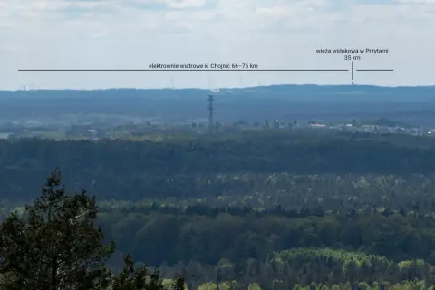 Widok na lasy i pola, z zaznaczoną wieżą widokową w Przytarni (35 km) i elektrowniami wiatrowymi k. Chojnic (66-76 km). To najwyższe wzniesienie na Kaszubach.