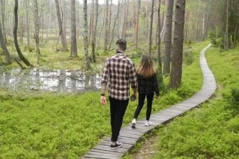 Para spaceruje drewnianą kładką przez bagienny las. Odkrywają magiczne miejsca Kujawsko-Pomorskiego.