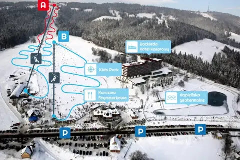 Widok na zimowe **doliny w Tatrach** z trasami narciarskimi, hotelem, karczmą i kąpieliskiem geotermalnym.
