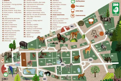 Mapa krakowskiego zoo z zaznaczonymi zwierzętami i atrakcjami. Odwiedź zoo w Krakowie, opinie są świetne!