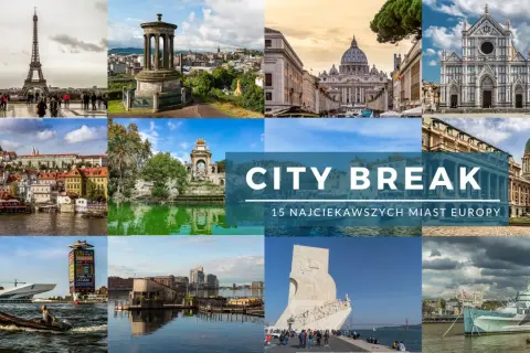 Kolaż zdjęć prezentujący ikoniczne zabytki i krajobrazy z różnych miast Europy, zachęcający do odkrywania najciekawszych miejsc.