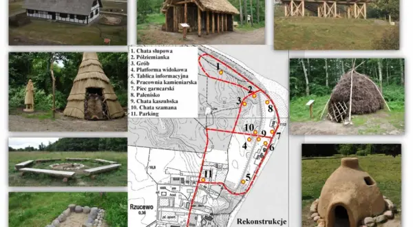 Park kulturowy Osada Łowców Fok w Rzucewie: rekonstrukcje chat, grobu, paleniska, pieca garncarskiego i platformy widokowej.
